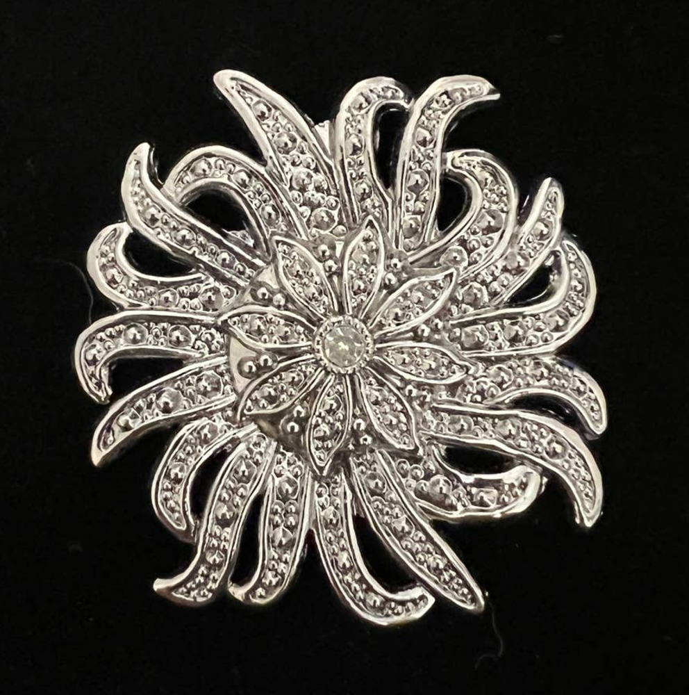 Vintage Inspired Brooch Silver Tone Metal Clear Crystal Ornate Filigree Flower